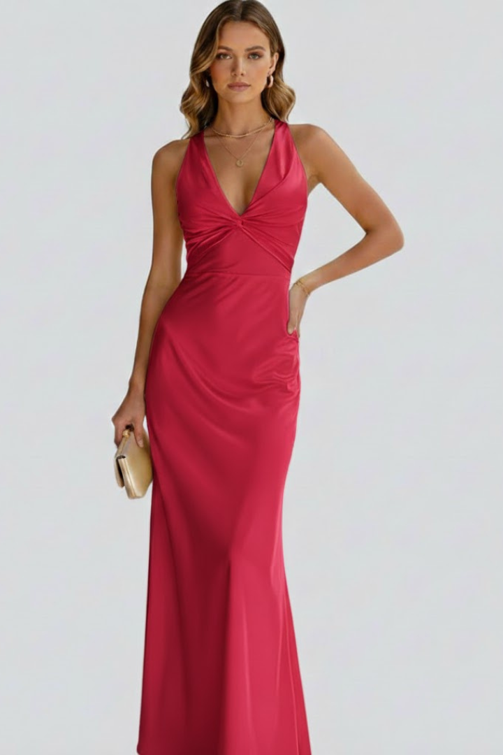 erensa | Robe longue à col en V profond pour femme – Robe sans manches tombant jusqu'au sol