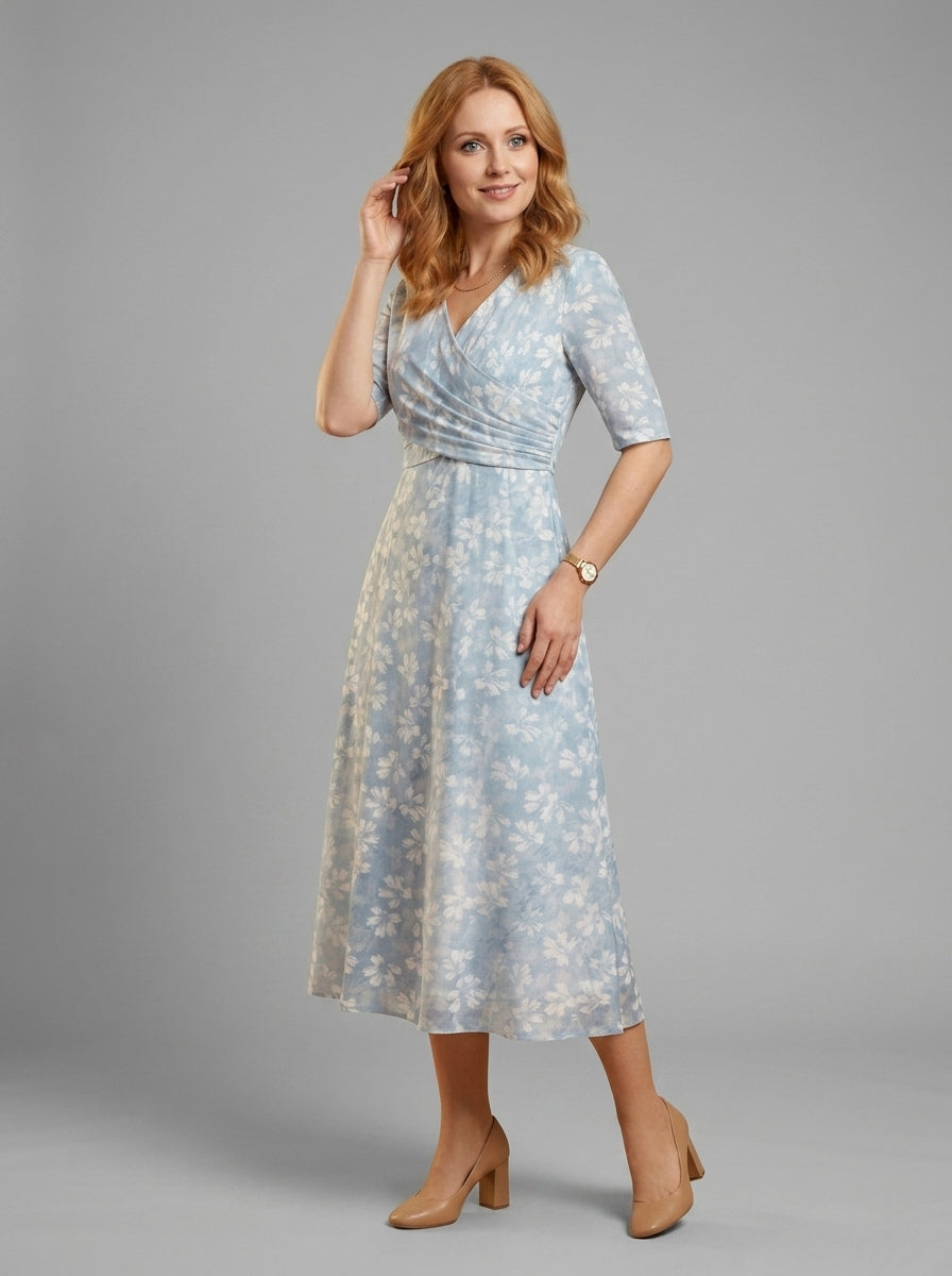 Coraline | Robe midi à col en V pour femme – Manches courtes, coupe ample