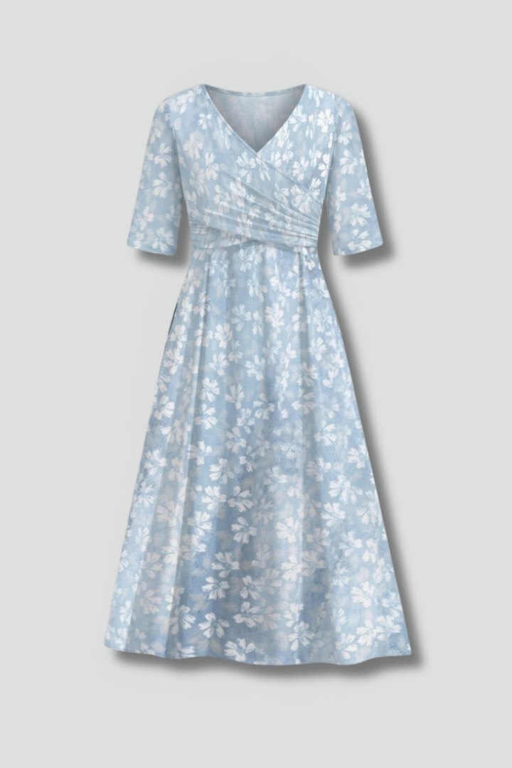 Coraline | Robe midi à col en V pour femme – Manches courtes, coupe ample