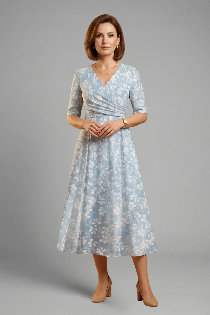 Coraline | Robe midi à col en V pour femme – Manches courtes, coupe ample