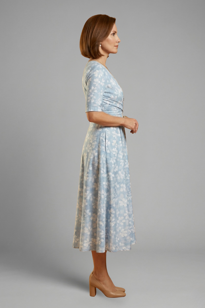 Coraline | Robe midi à col en V pour femme – Manches courtes, coupe ample