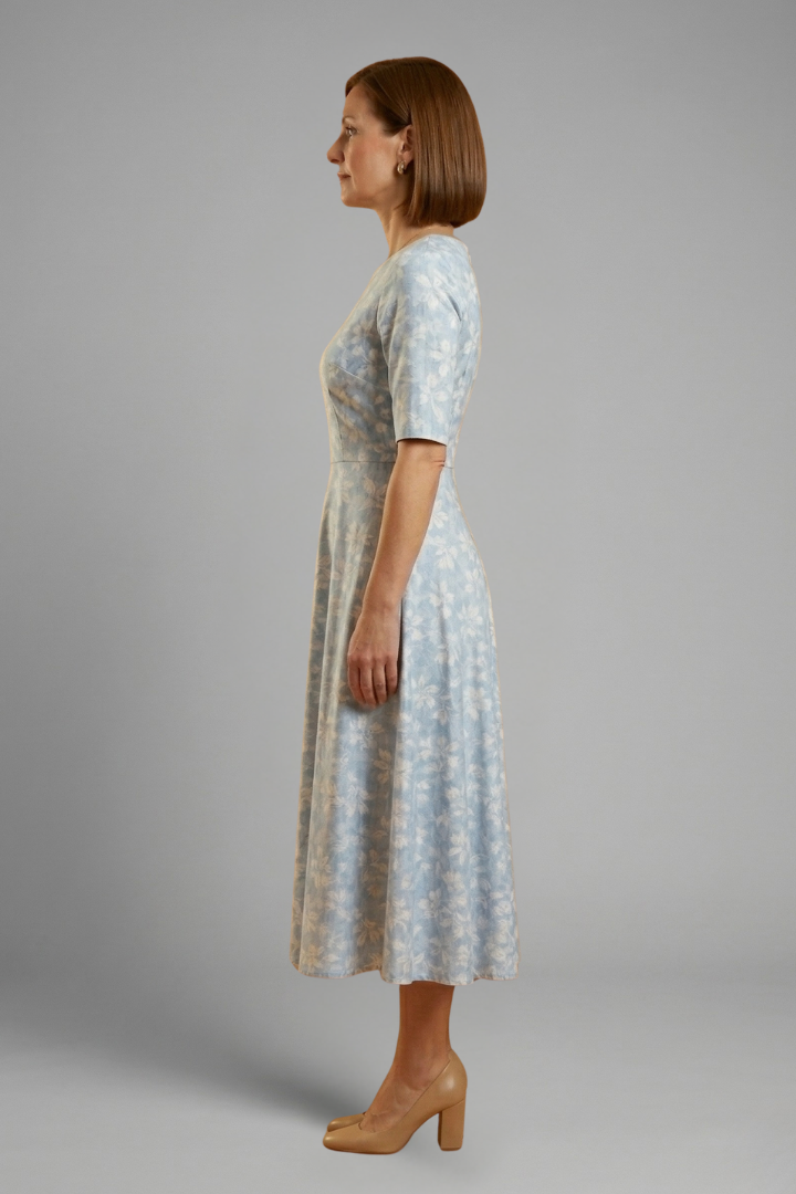 Coraline | Robe midi à col en V pour femme – Manches courtes, coupe ample