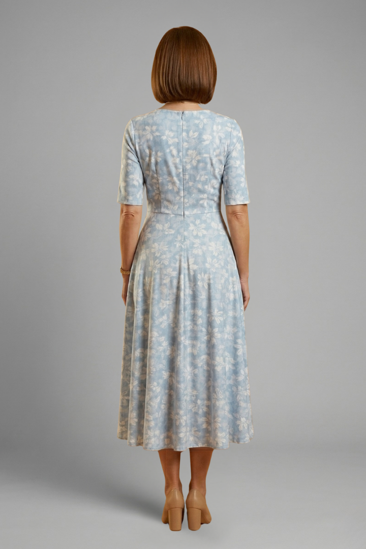 Coraline | Robe midi à col en V pour femme – Manches courtes, coupe ample