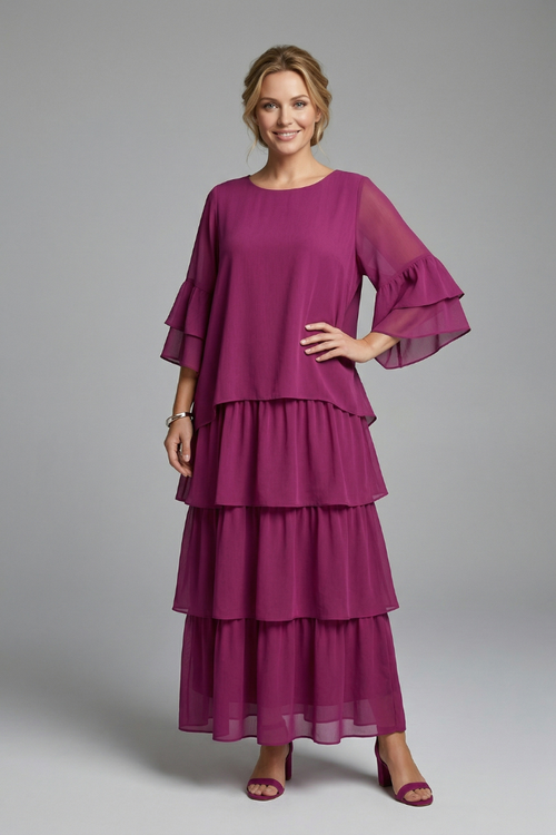 Alice | Robe Maxi Femme Coupe Trapèze – Robe Longue à Volants avec Col Rond