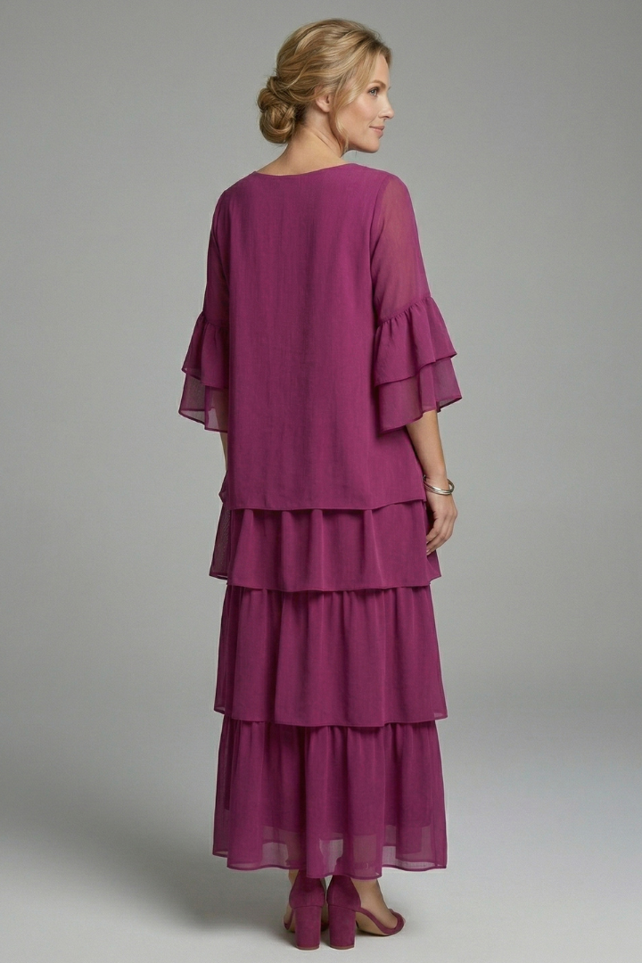 Alice | Robe Maxi Femme Coupe Trapèze – Robe Longue à Volants avec Col Rond