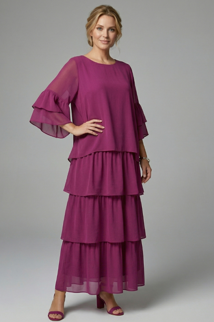 Alice | Robe Maxi Femme Coupe Trapèze – Robe Longue à Volants avec Col Rond