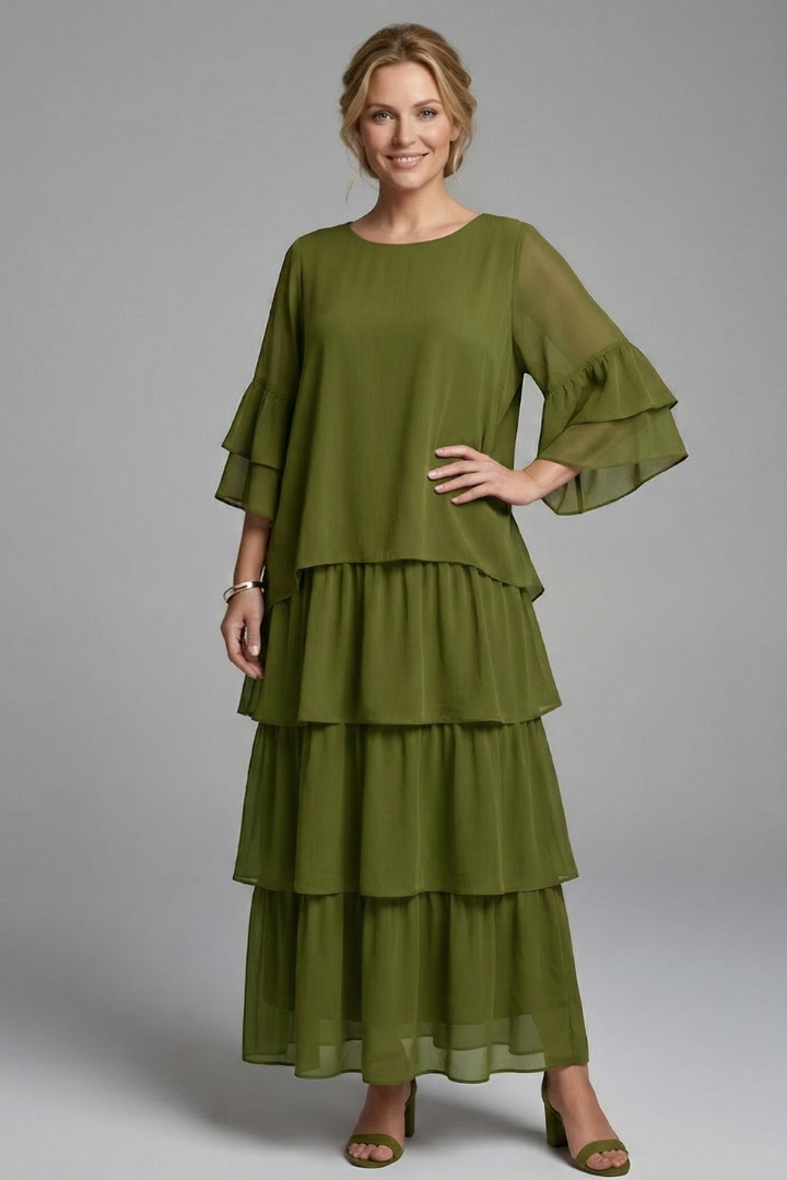 Alice | Robe Maxi Femme Coupe Trapèze – Robe Longue à Volants avec Col Rond
