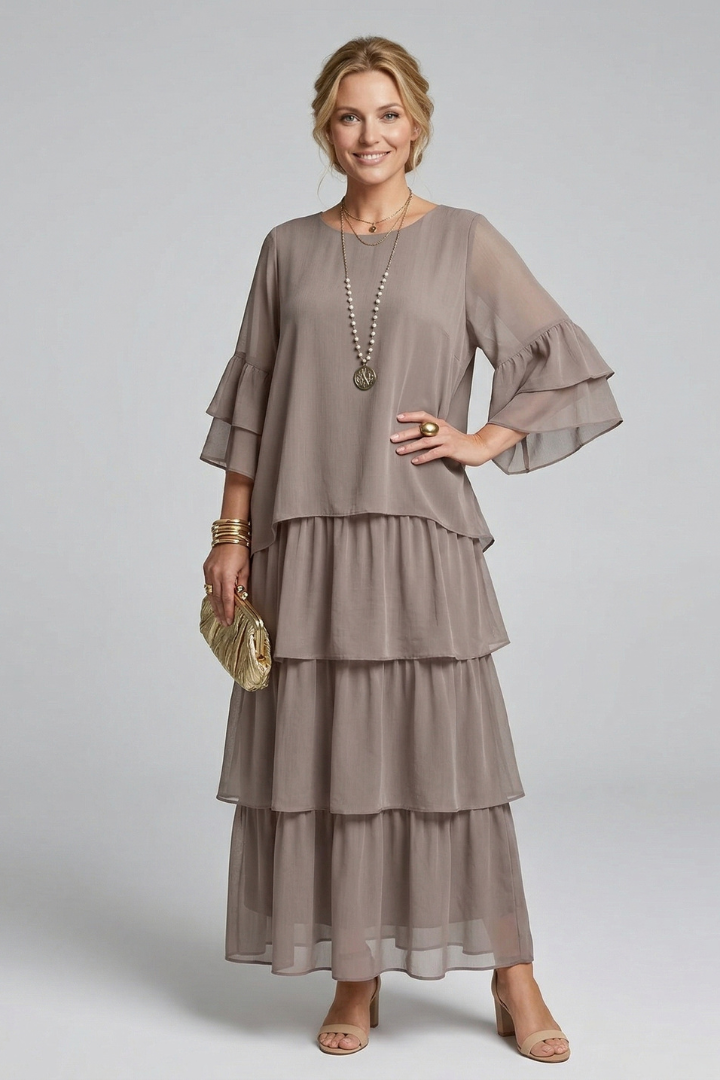 Alice | Robe Maxi Femme Coupe Trapèze – Robe Longue à Volants avec Col Rond