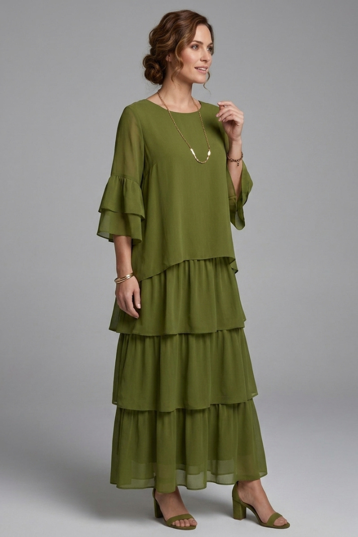 Alice | Robe Maxi Femme Coupe Trapèze – Robe Longue à Volants avec Col Rond