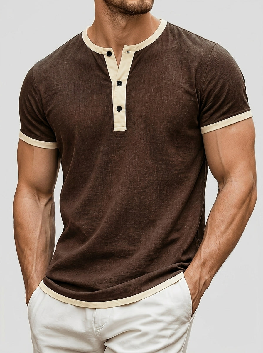 Amoret | Chemise Henley à manches courtes pour homme – Mélange de coton, col rond et boutons