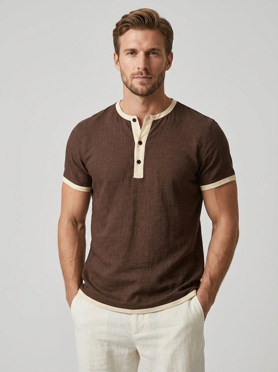 Amoret | Chemise Henley à manches courtes pour homme – Mélange de coton, col rond et boutons