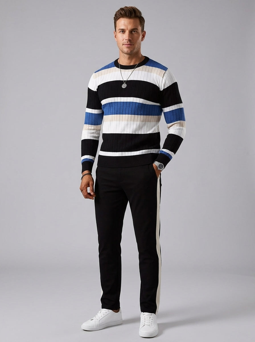 Bastian | Pull en maille rayé pour homme – Pull à côtes avec contrastes de couleurs