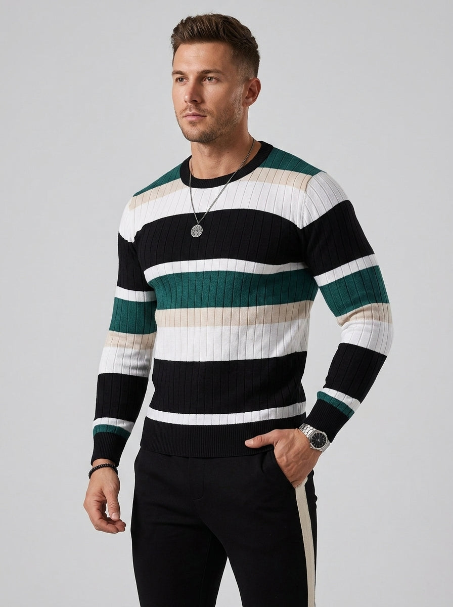 Bastian | Pull en maille rayé pour homme – Pull à côtes avec contrastes de couleurs