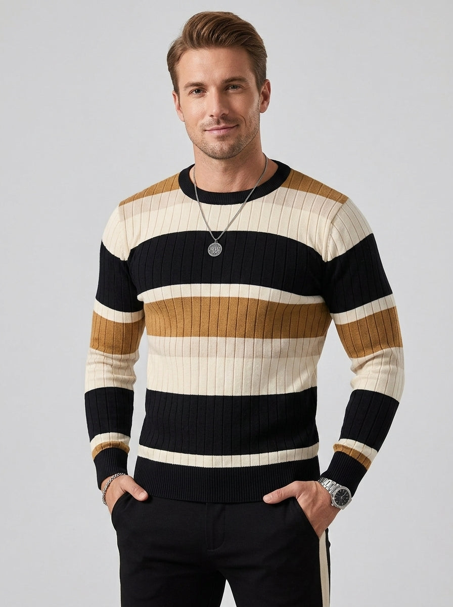 Bastian | Pull en maille rayé pour homme – Pull à côtes avec contrastes de couleurs