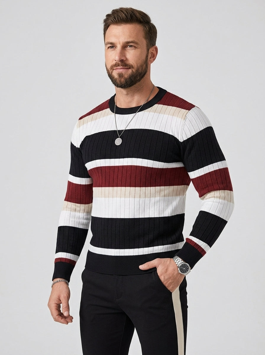 Bastian | Pull en maille rayé pour homme – Pull à côtes avec contrastes de couleurs