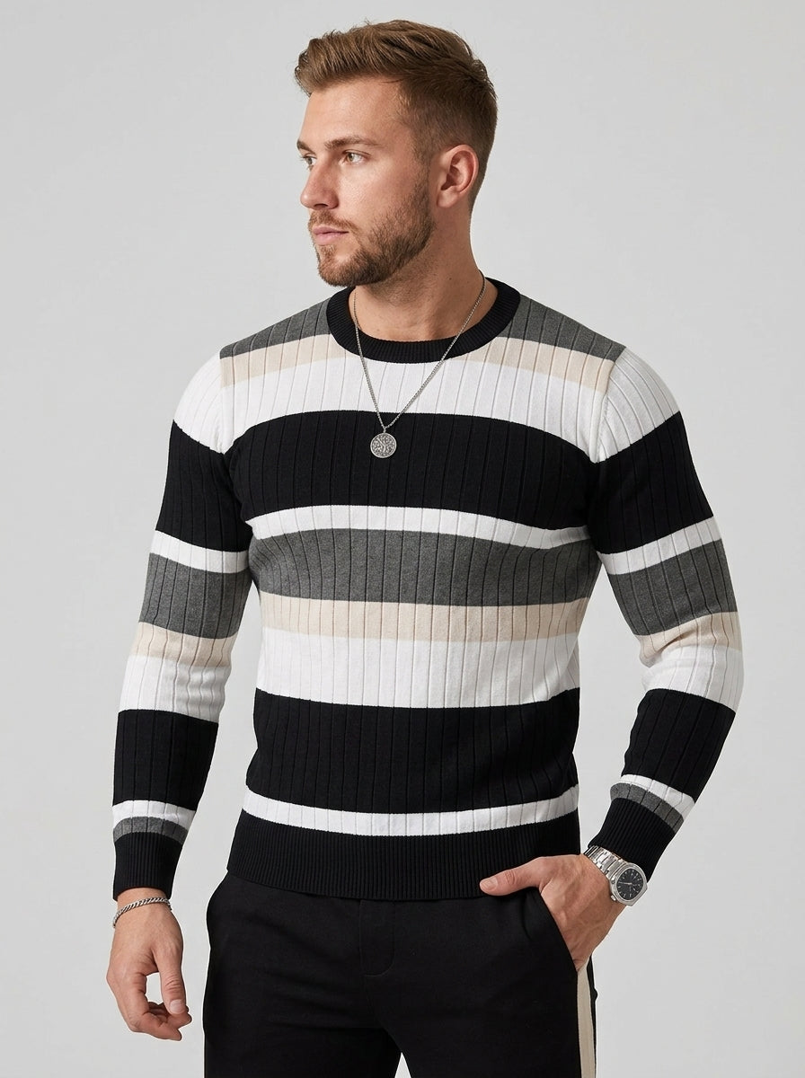 Bastian | Pull en maille rayé pour homme – Pull à côtes avec contrastes de couleurs