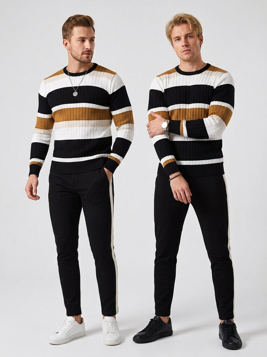 Bastian | Pull en maille rayé pour homme – Pull à côtes avec contrastes de couleurs