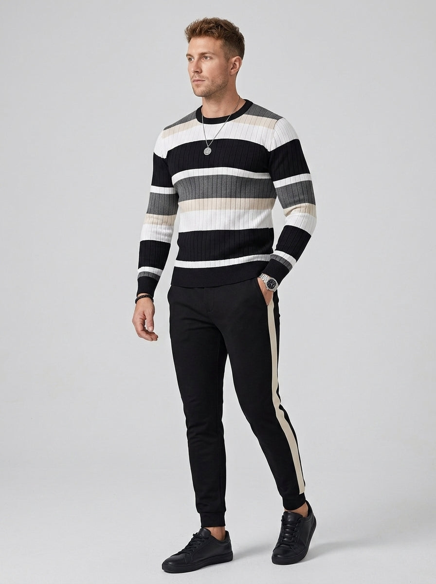 Bastian | Pull en maille rayé pour homme – Pull à côtes avec contrastes de couleurs