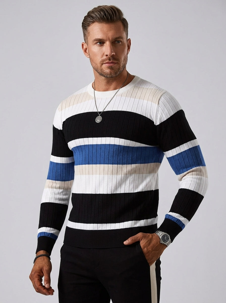 Bastian | Pull en maille rayé pour homme – Pull à côtes avec contrastes de couleurs