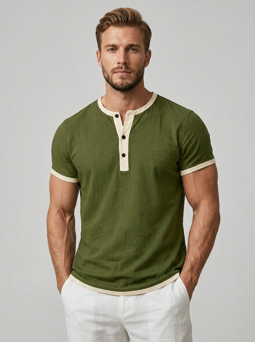 Amoret | Chemise Henley à manches courtes pour homme – Mélange de coton, col rond et boutons