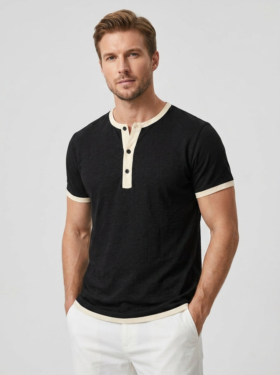 Amoret | Chemise Henley à manches courtes pour homme – Mélange de coton, col rond et boutons