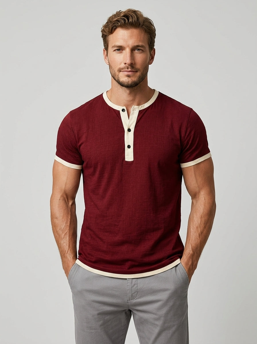 Amoret | Chemise Henley à manches courtes pour homme – Mélange de coton, col rond et boutons