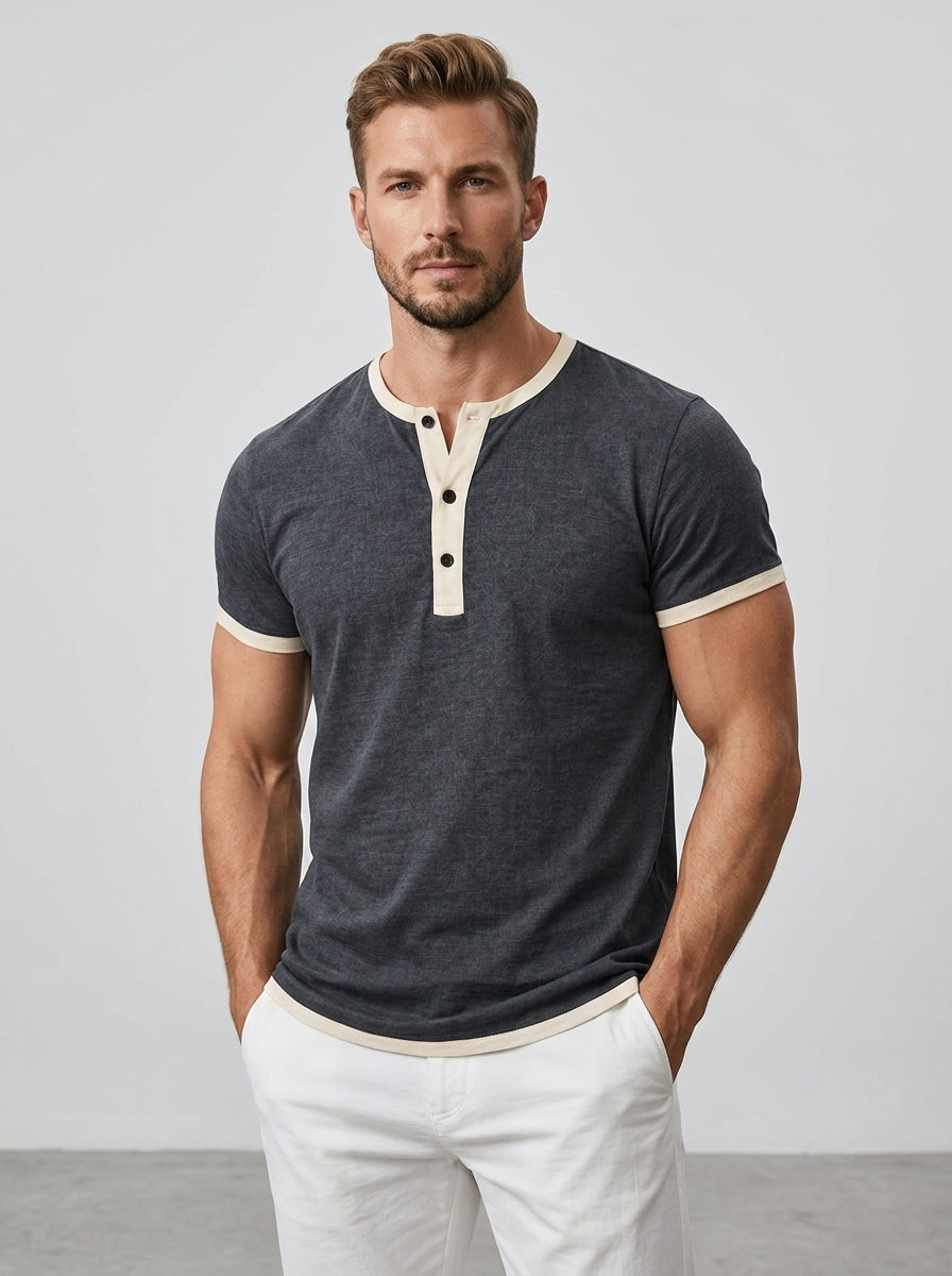 Amoret | Chemise Henley à manches courtes pour homme – Mélange de coton, col rond et boutons