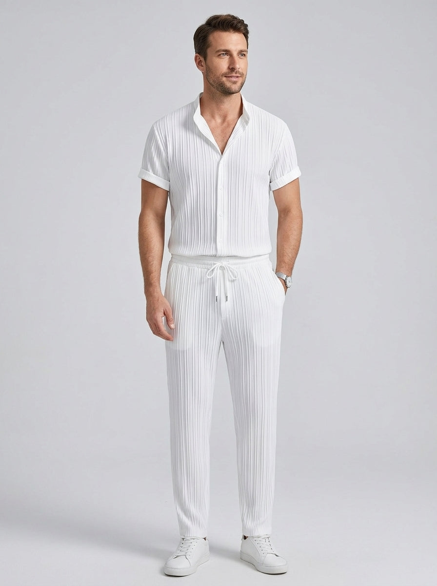 Esteban | Ensemble costume décontracté homme 2 pièces – Chemise à manches courtes avec col montant et pantalon à cordon de serrage
