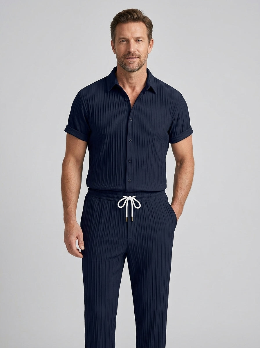 Esteban | Ensemble costume décontracté homme 2 pièces – Chemise à manches courtes avec col montant et pantalon à cordon de serrage