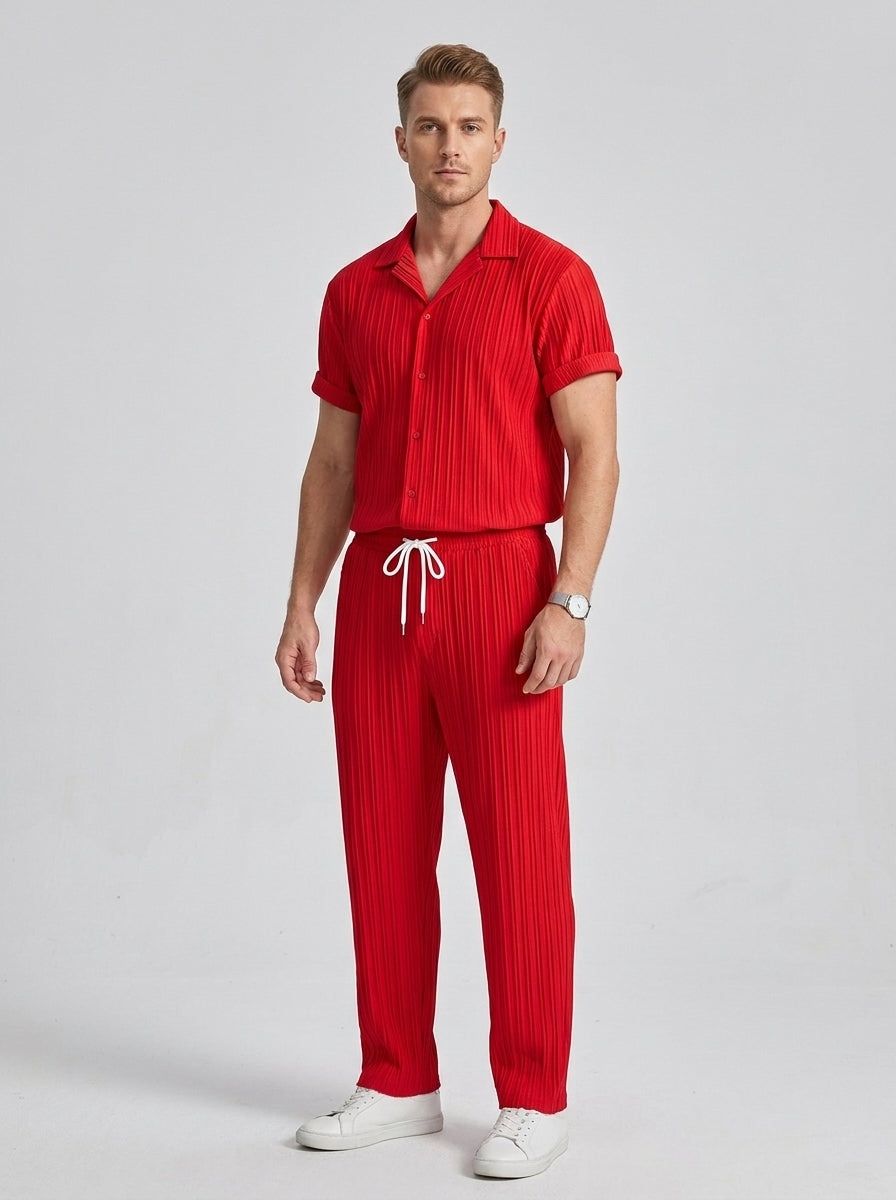 Esteban | Ensemble costume décontracté homme 2 pièces – Chemise à manches courtes avec col montant et pantalon à cordon de serrage