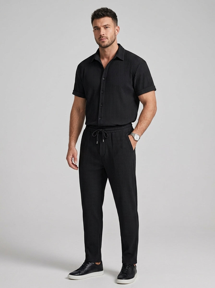 Esteban | Ensemble costume décontracté homme 2 pièces – Chemise à manches courtes avec col montant et pantalon à cordon de serrage