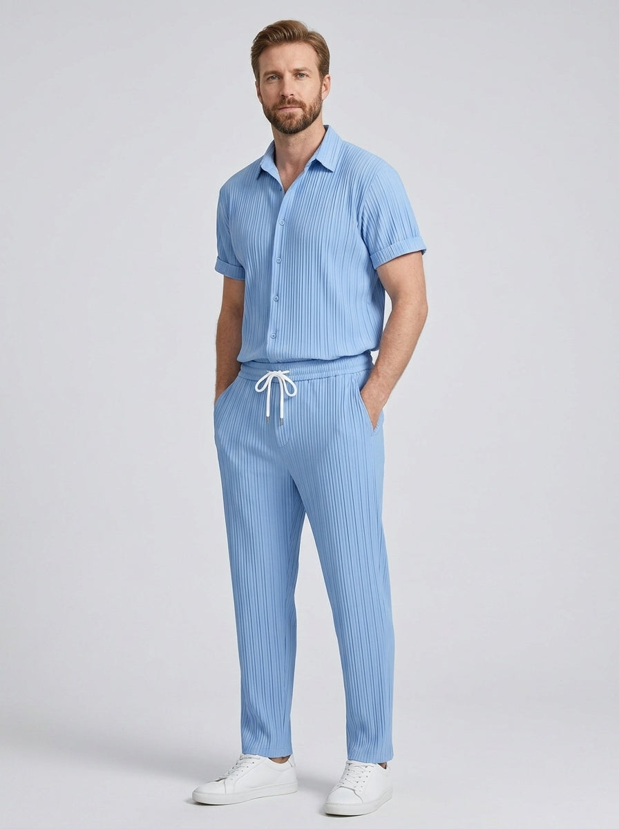 Esteban | Ensemble costume décontracté homme 2 pièces – Chemise à manches courtes avec col montant et pantalon à cordon de serrage