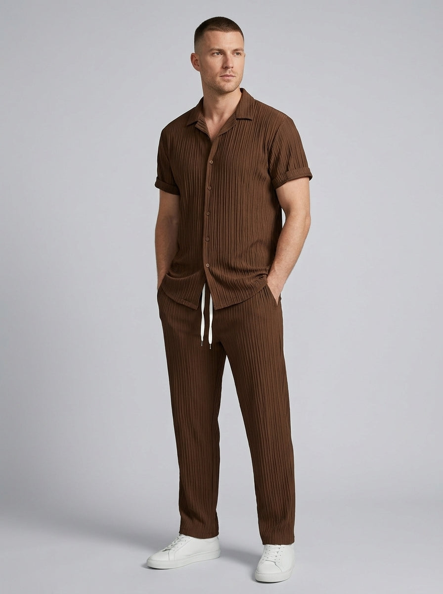 Esteban | Ensemble costume décontracté homme 2 pièces – Chemise à manches courtes avec col montant et pantalon à cordon de serrage