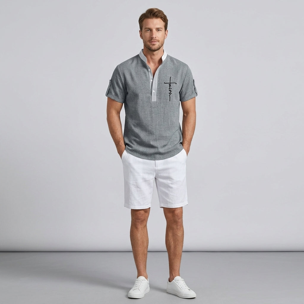 César | Chemise décontractée à manches courtes pour homme – Col montant