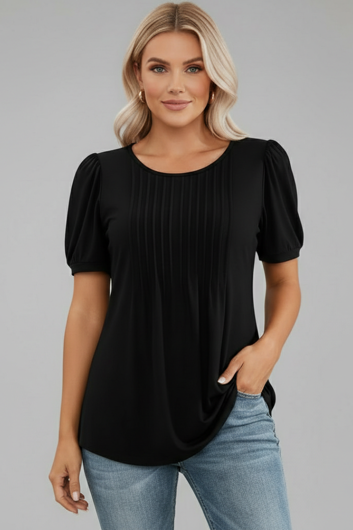 Claudia | T-shirt à manches bouffantes pour femme – Haut à col rond et manches courtes