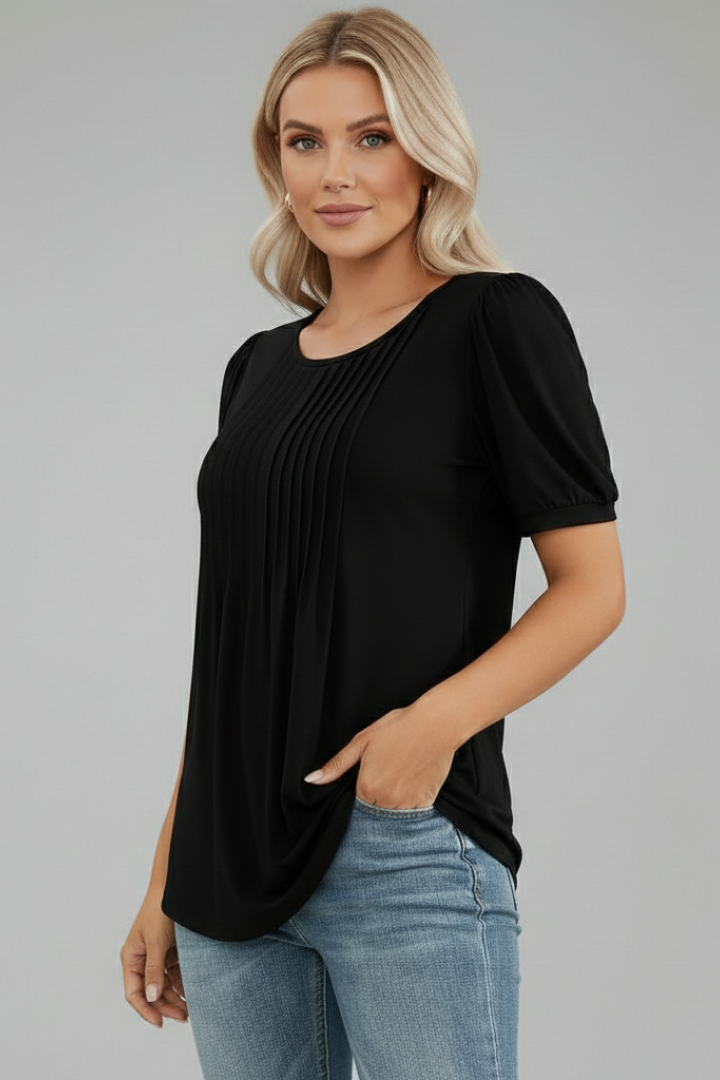 Claudia | T-shirt à manches bouffantes pour femme – Haut à col rond et manches courtes