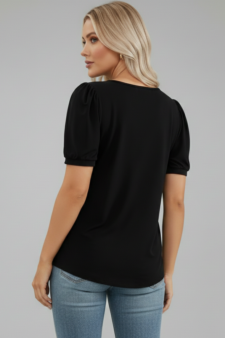 Claudia | T-shirt à manches bouffantes pour femme – Haut à col rond et manches courtes
