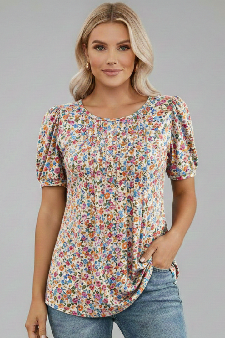 Claudia | T-shirt à manches bouffantes pour femme – Haut à col rond et manches courtes
