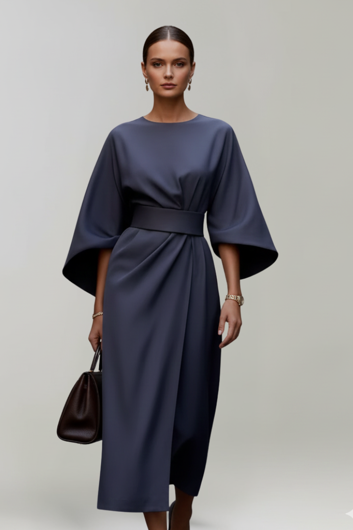 Elvara | Robe Midi pour Femme – Taille Ceinturée, Manches Larges aux Coudes