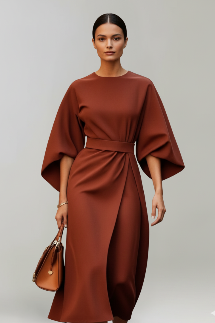 Elvara | Robe Midi pour Femme – Taille Ceinturée, Manches Larges aux Coudes