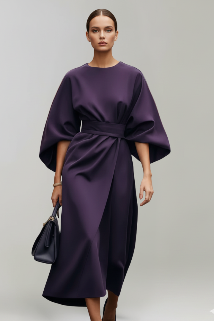 Elvara | Robe Midi pour Femme – Taille Ceinturée, Manches Larges aux Coudes