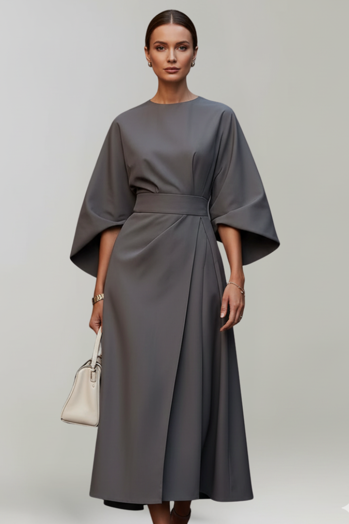 Elvara | Robe Midi pour Femme – Taille Ceinturée, Manches Larges aux Coudes