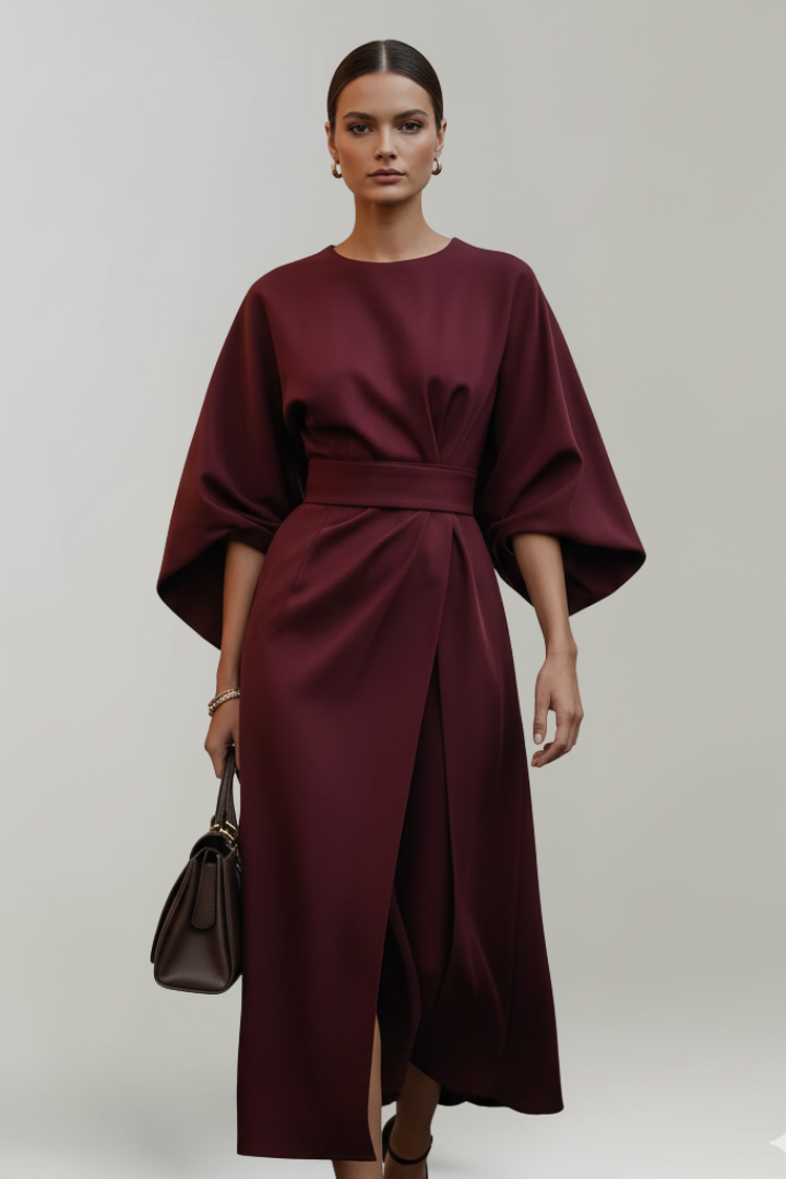 Elvara | Robe Midi pour Femme – Taille Ceinturée, Manches Larges aux Coudes