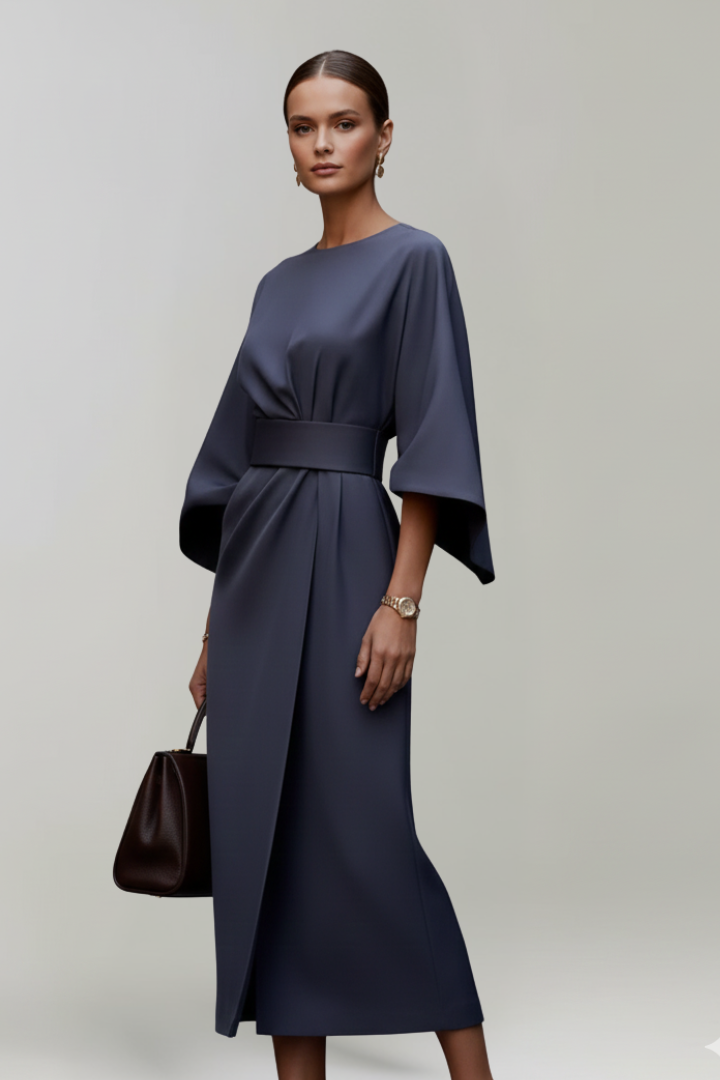 Elvara | Robe Midi pour Femme – Taille Ceinturée, Manches Larges aux Coudes