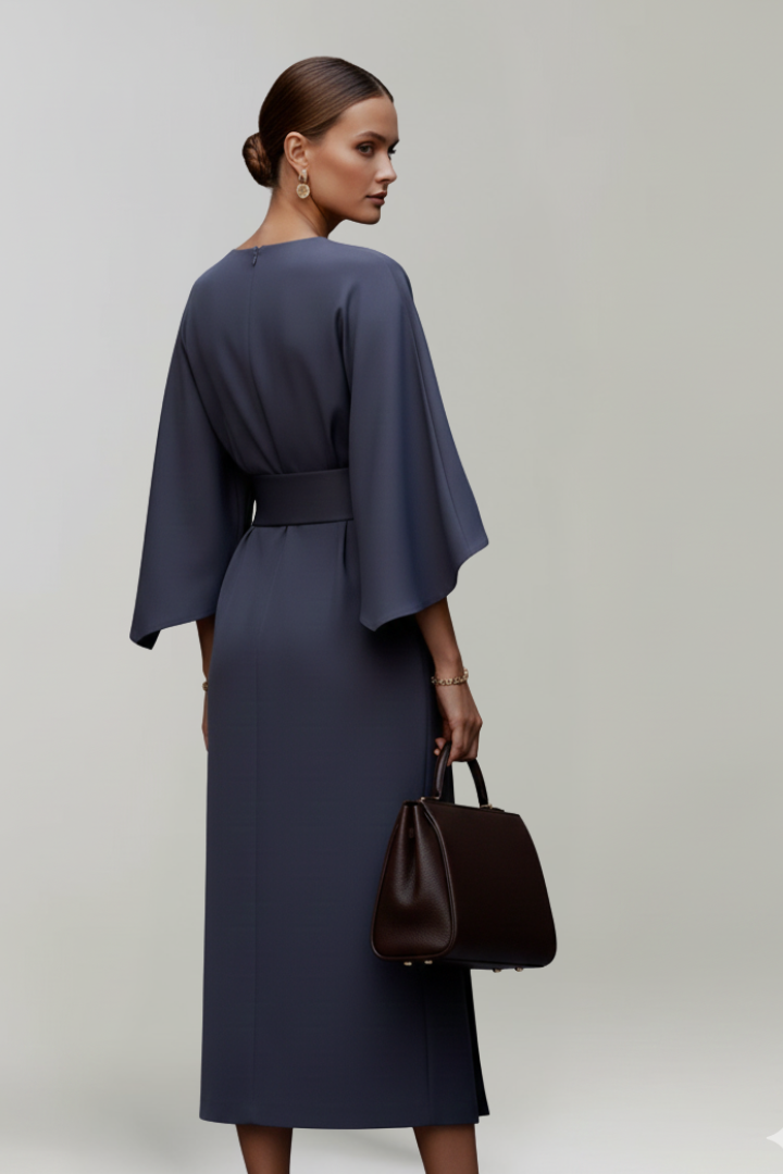 Elvara | Robe Midi pour Femme – Taille Ceinturée, Manches Larges aux Coudes