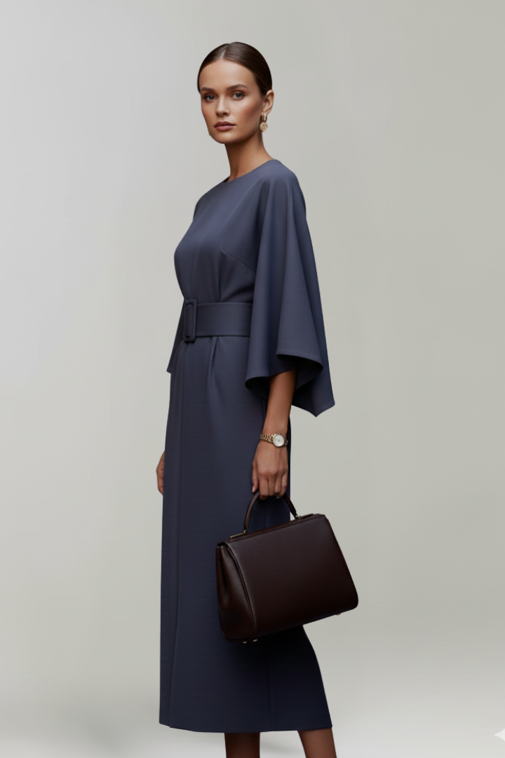 Elvara | Robe Midi pour Femme – Taille Ceinturée, Manches Larges aux Coudes