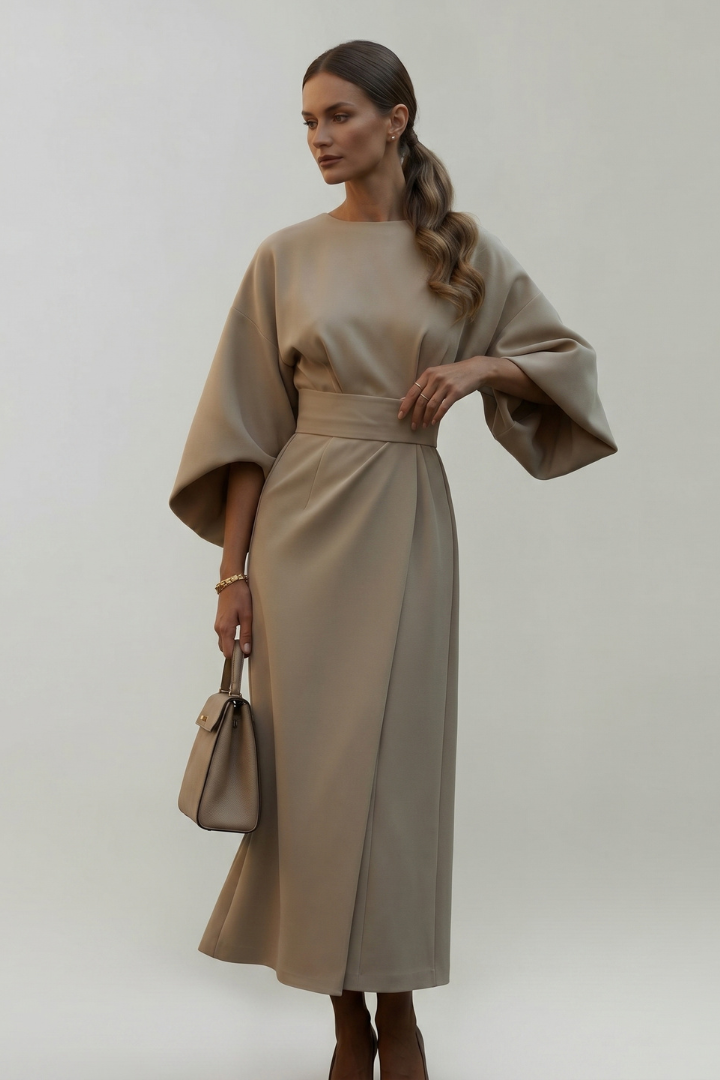 Elvara | Robe Midi pour Femme – Taille Ceinturée, Manches Larges aux Coudes