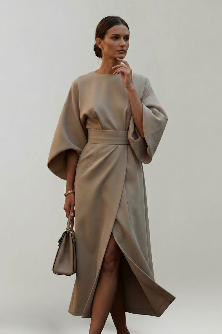 Elvara | Robe Midi pour Femme – Taille Ceinturée, Manches Larges aux Coudes