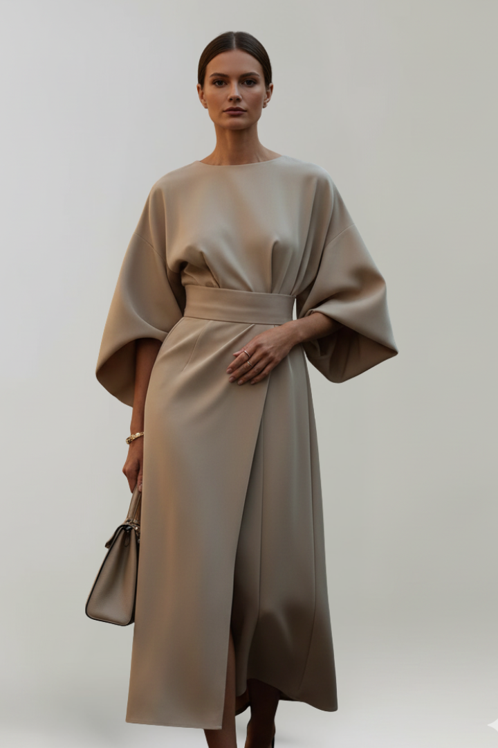 Elvara | Robe Midi pour Femme – Taille Ceinturée, Manches Larges aux Coudes