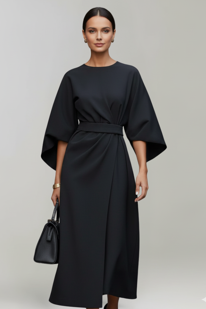 Elvara | Robe Midi pour Femme – Taille Ceinturée, Manches Larges aux Coudes